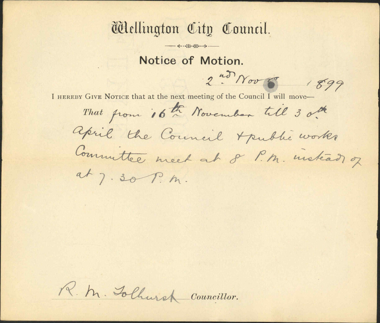 Notice of Motion re time of meeting - Councillor Tolhurst