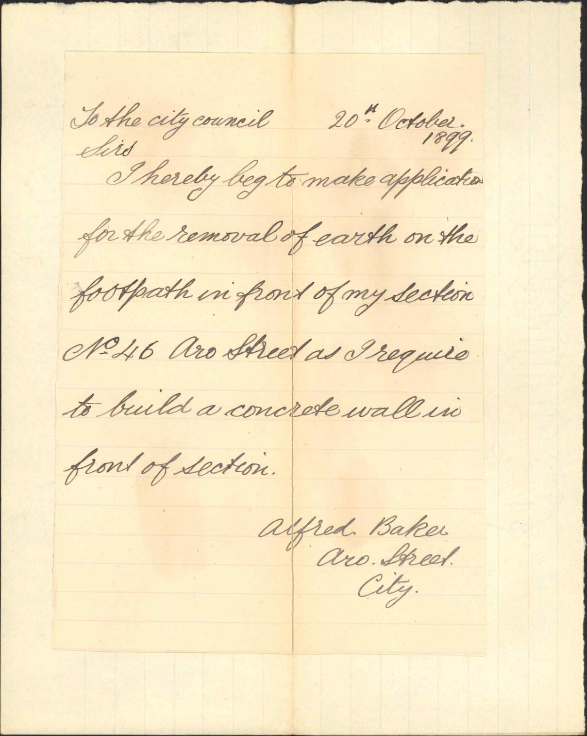 Asking removal of earth at his property - A Baker