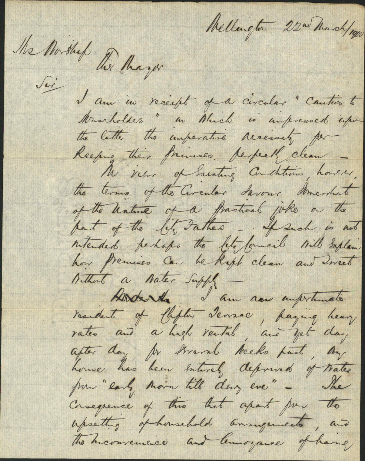 Complaint regarding want of water - W A Kennedy