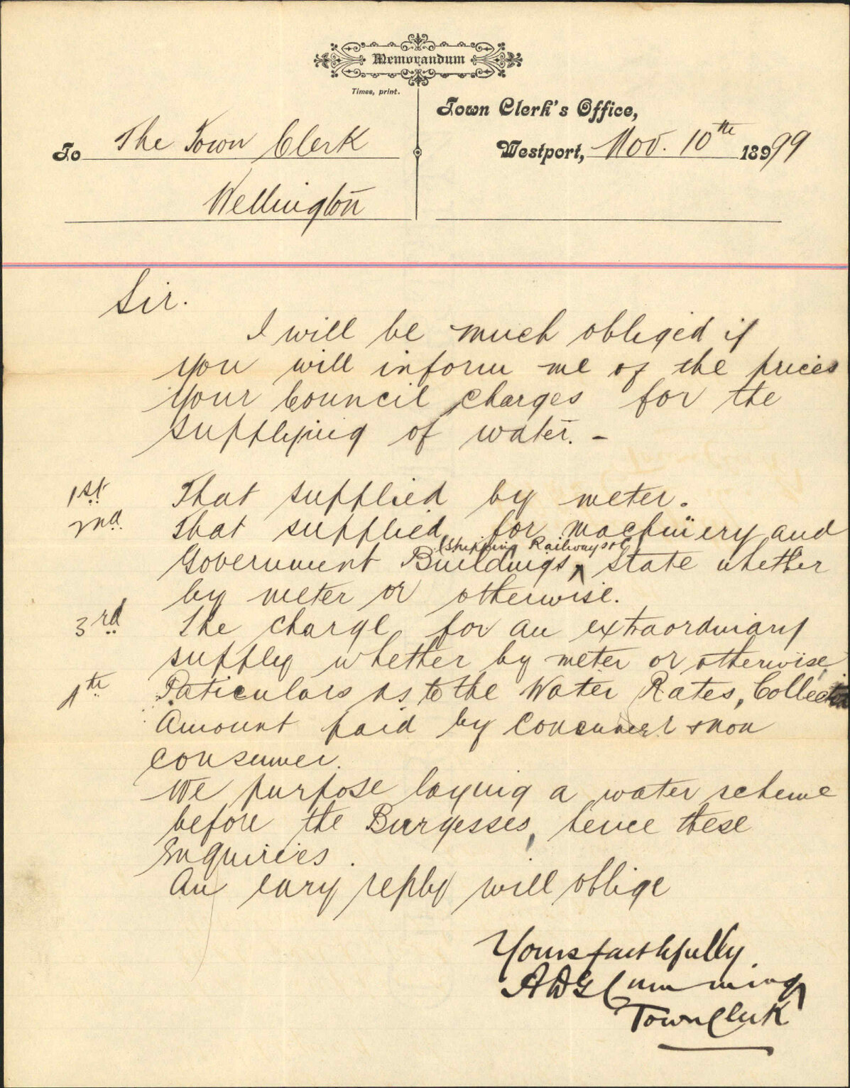 Enquiry re water rates - Town Clerk, Westport