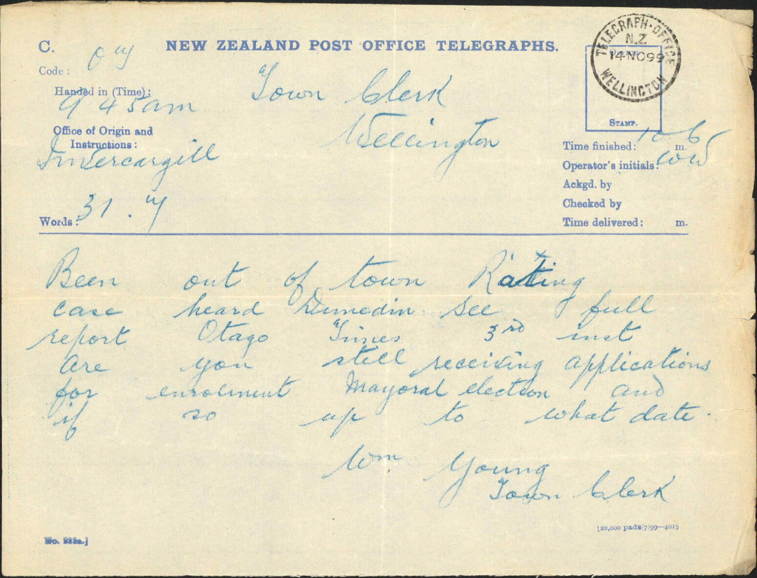 Enquiry re Burgess Roll - Town Clerk, Invercargill
