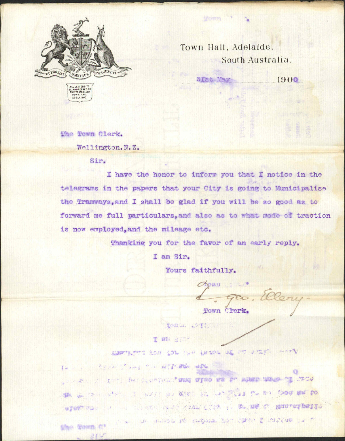 Enquiry regarding tramways - Town Clerk, Adelaide