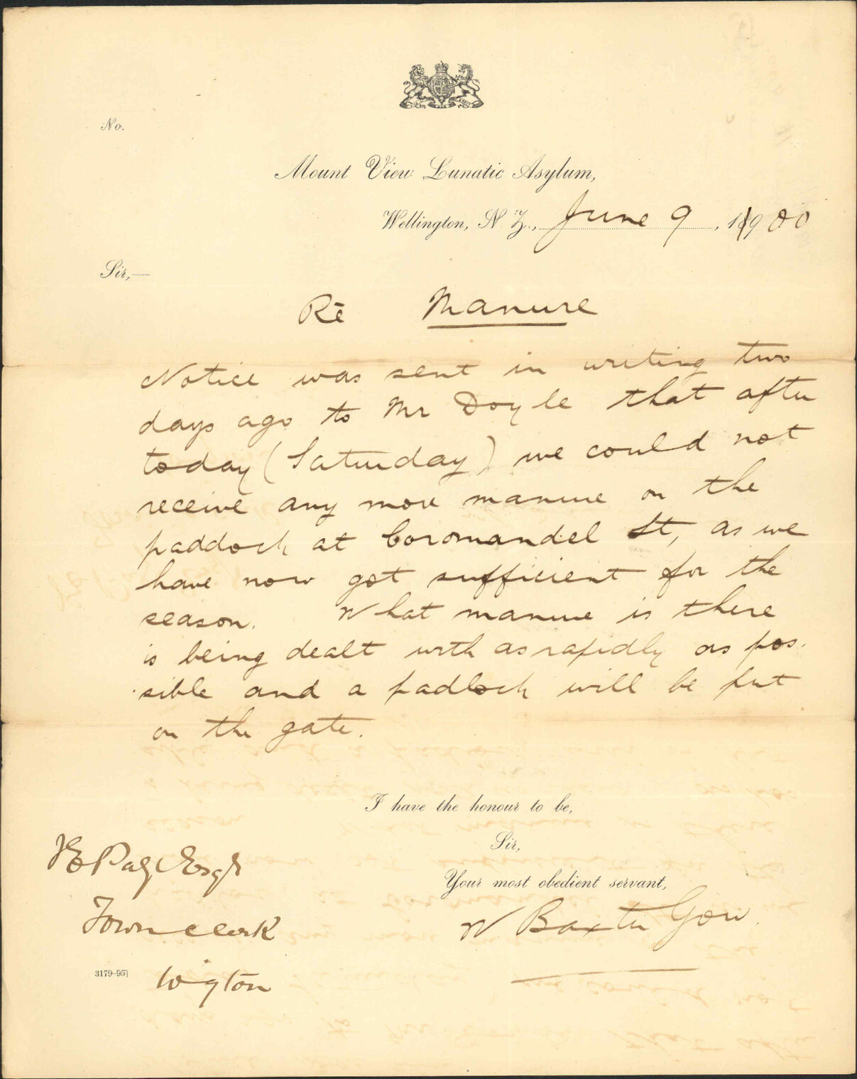Manure - Mt View Lunatic Asylum (Superintendent)