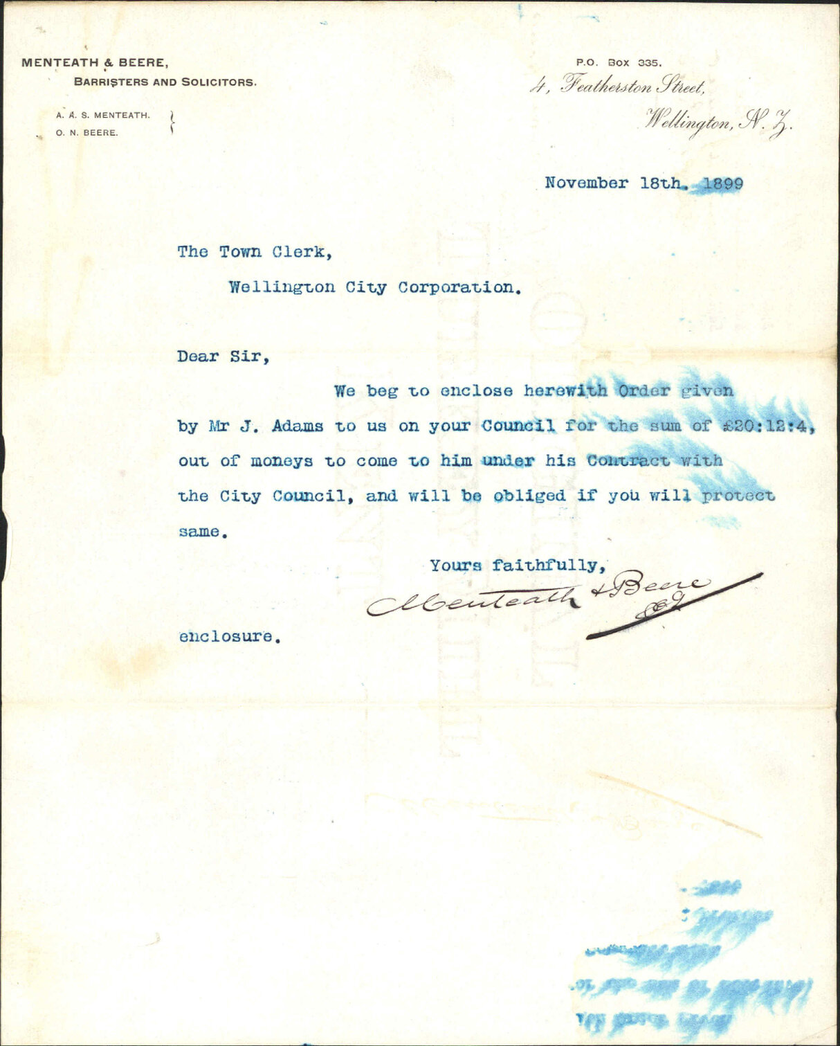Money payable to J Adams - Menteath &amp; Beere