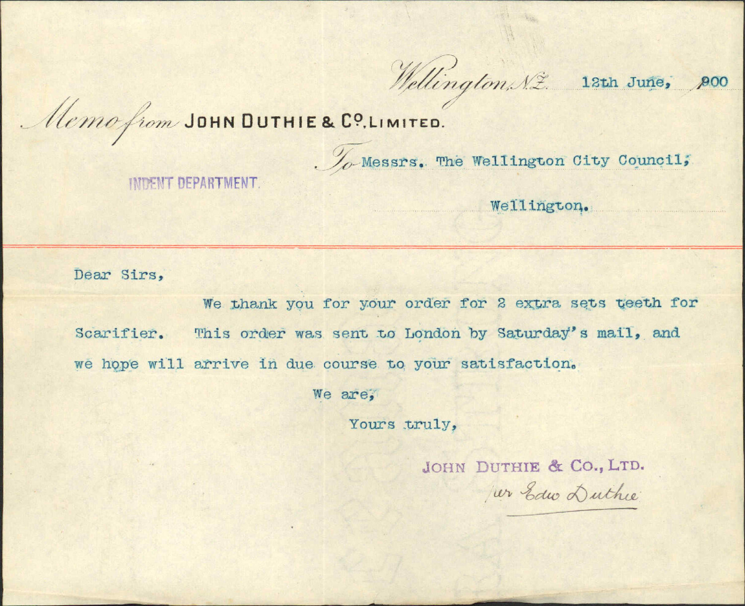 Order for teeth for steam roller - J Duthie &amp; Company