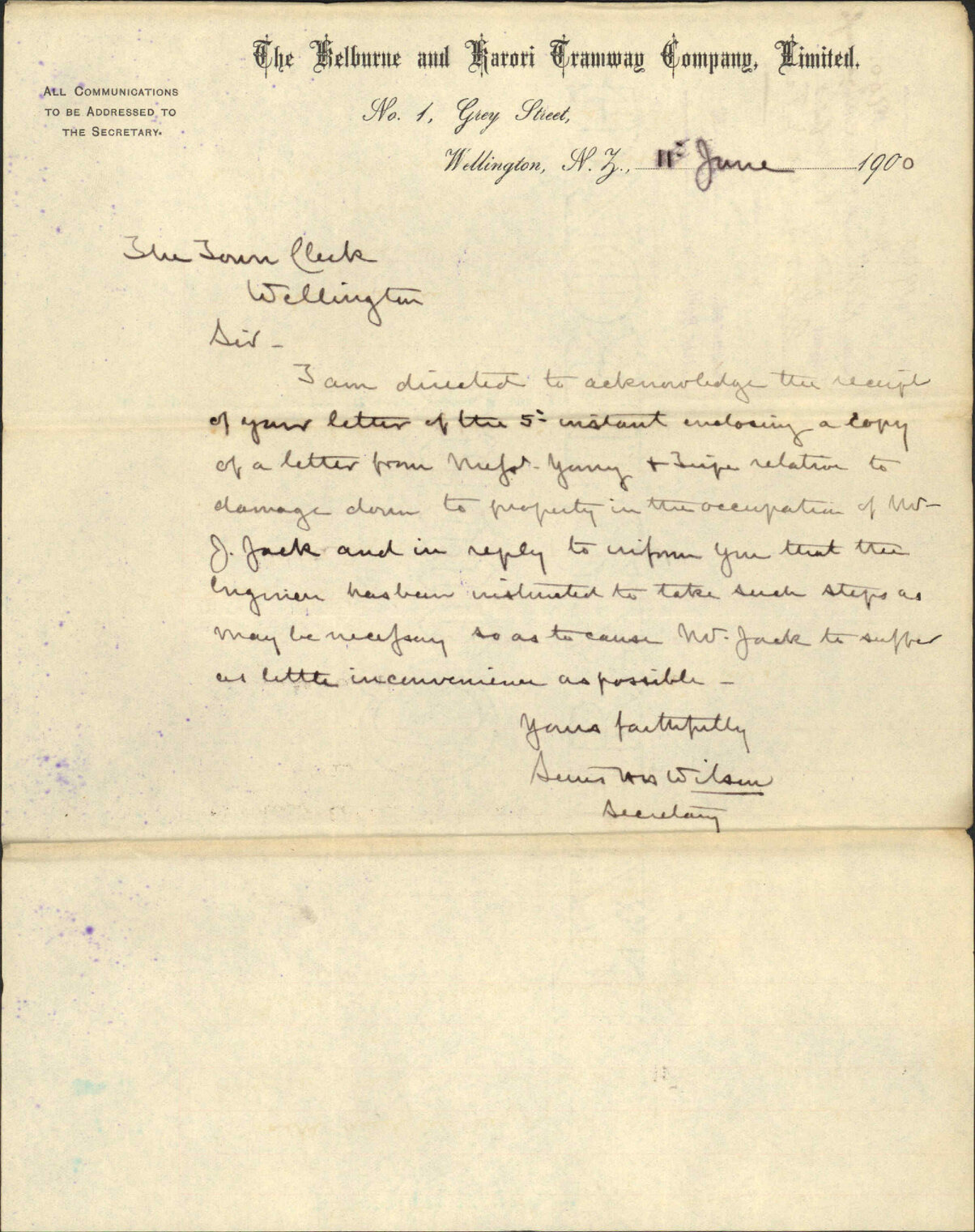 Young &amp; Tripe's letter regarding Mr Jack - Kelburne [Kelburn] and Karori Tramway Company