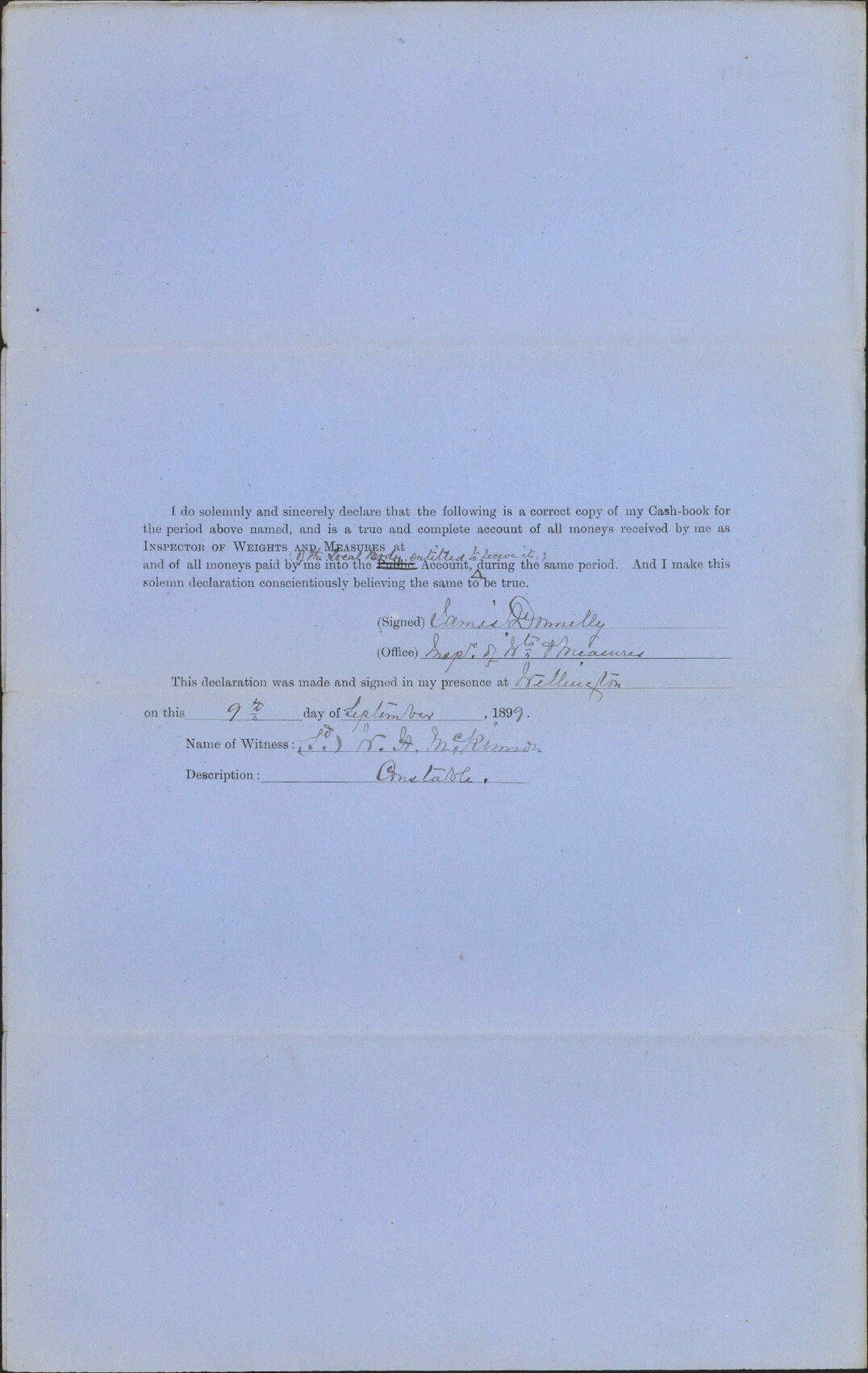 Return of amount paid in - Inspector of Weights and Measures