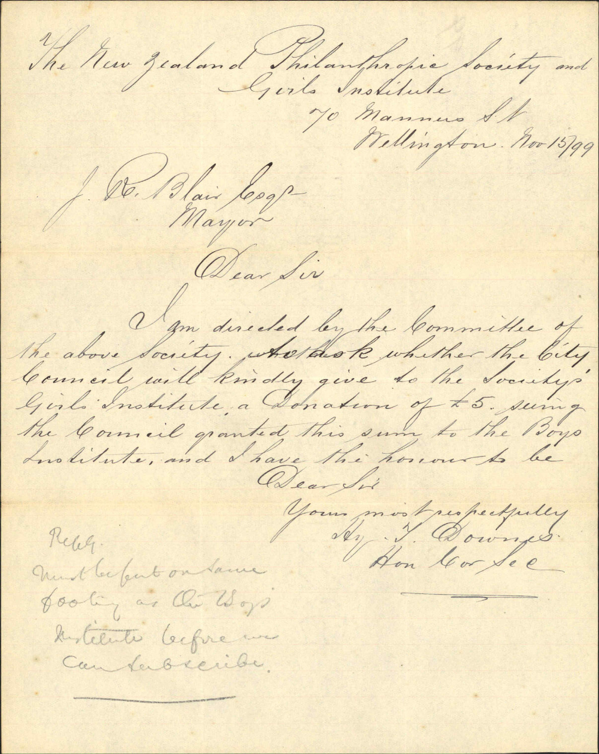 Asking for grant for Girl's Institute - NZ Philanthropic Society