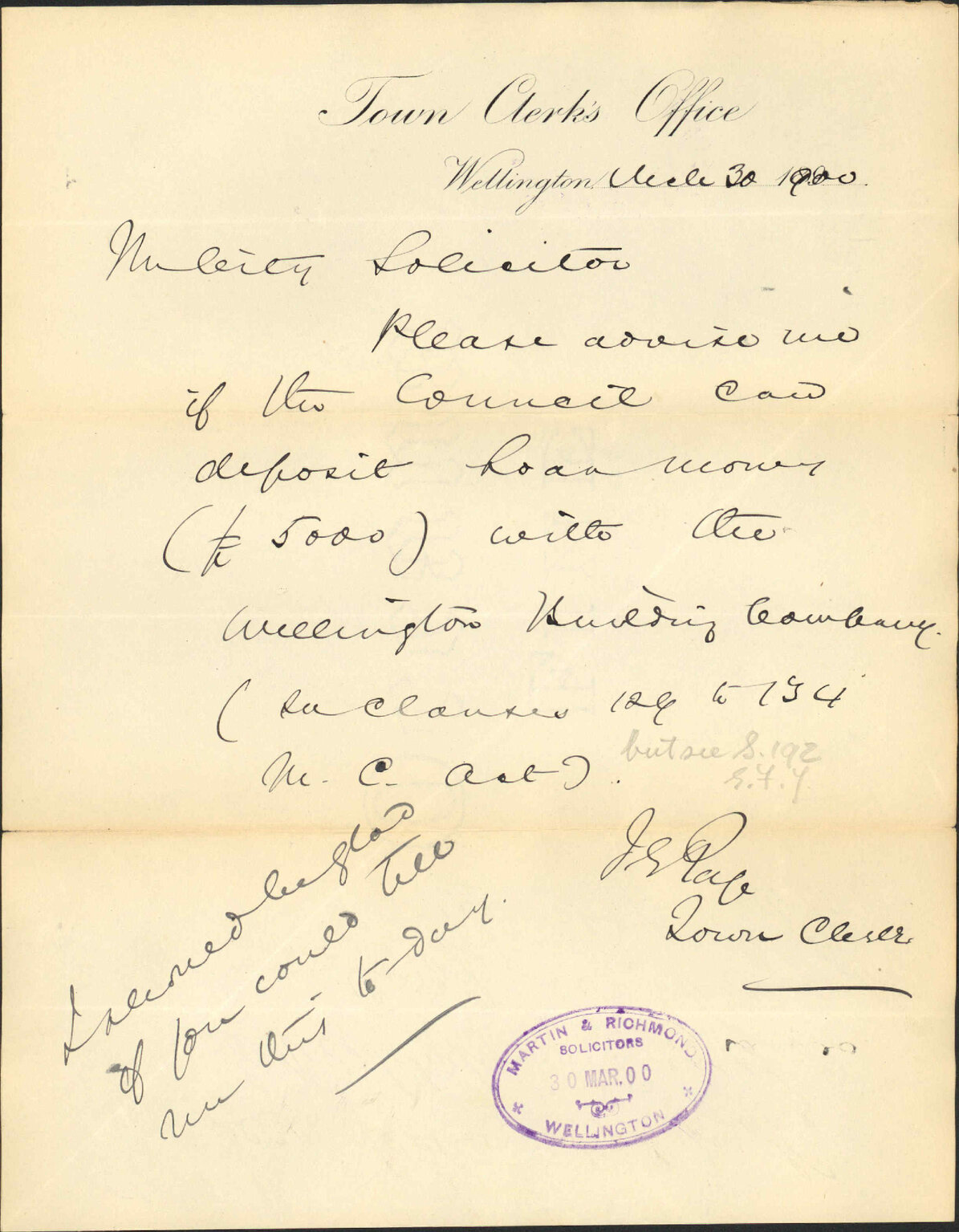Deposit of loan money - City Solicitor