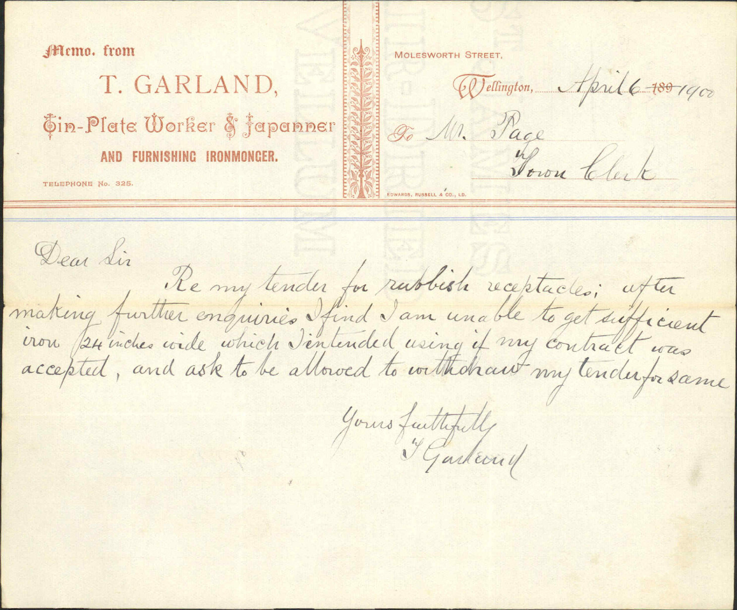 His tender for rubbish receptacles - J Garland