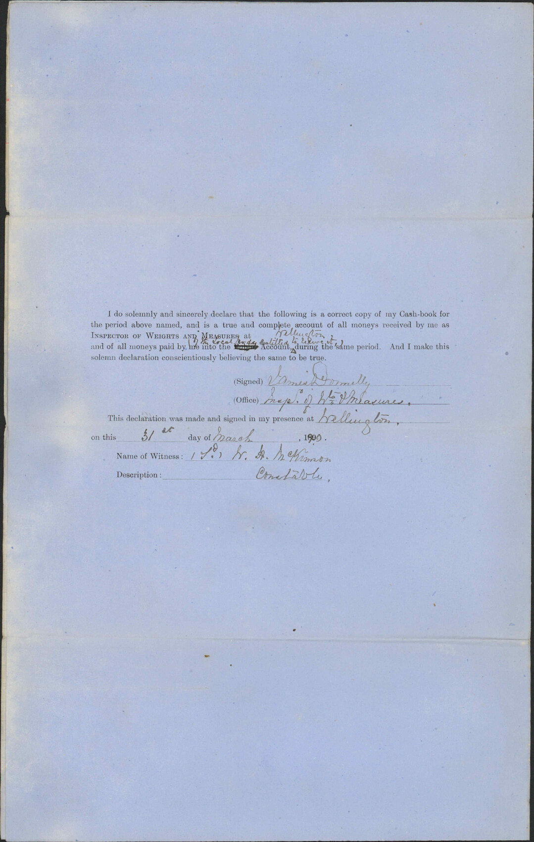 Return of amount paid in - Inspector of Weights and Measures