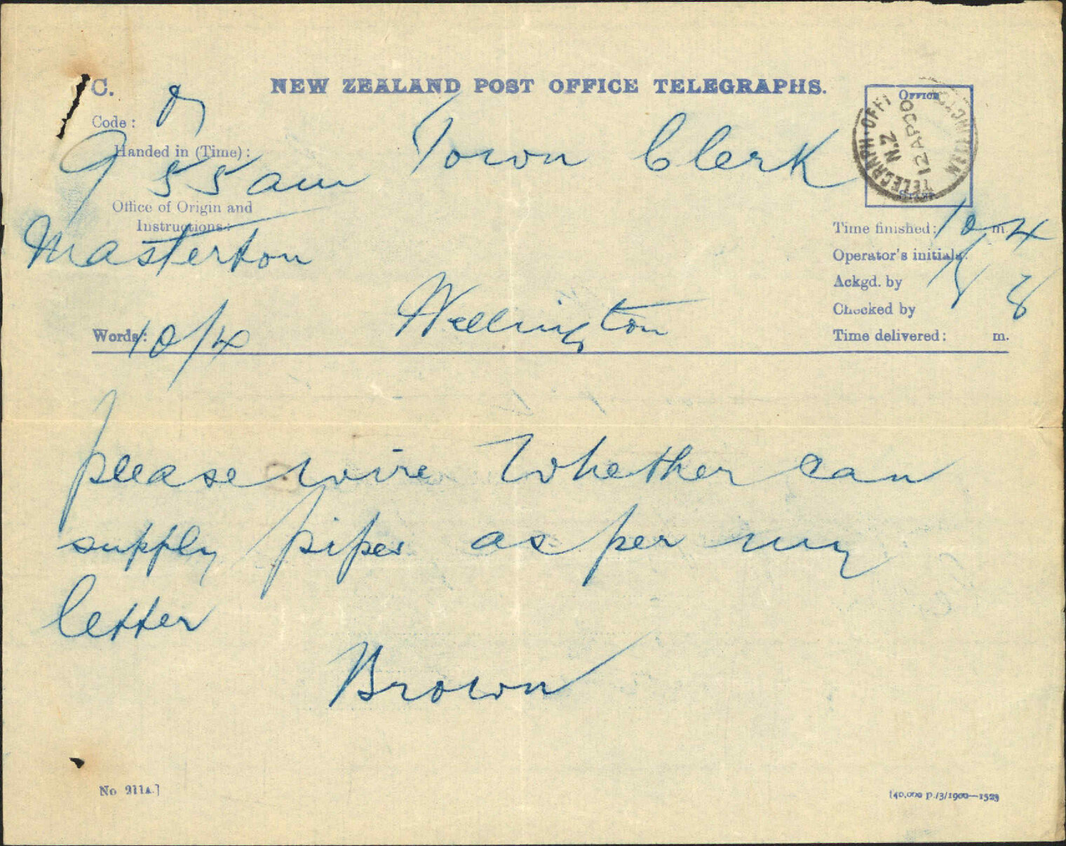 Asking for pipes - Town Clerk, Masterton