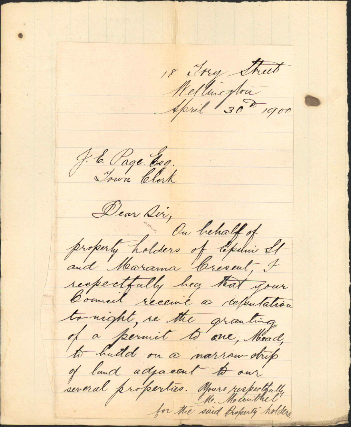 Deputation regarding Mead's building at Epuni Street [Hōniana Te Puni Street] - M Manthel