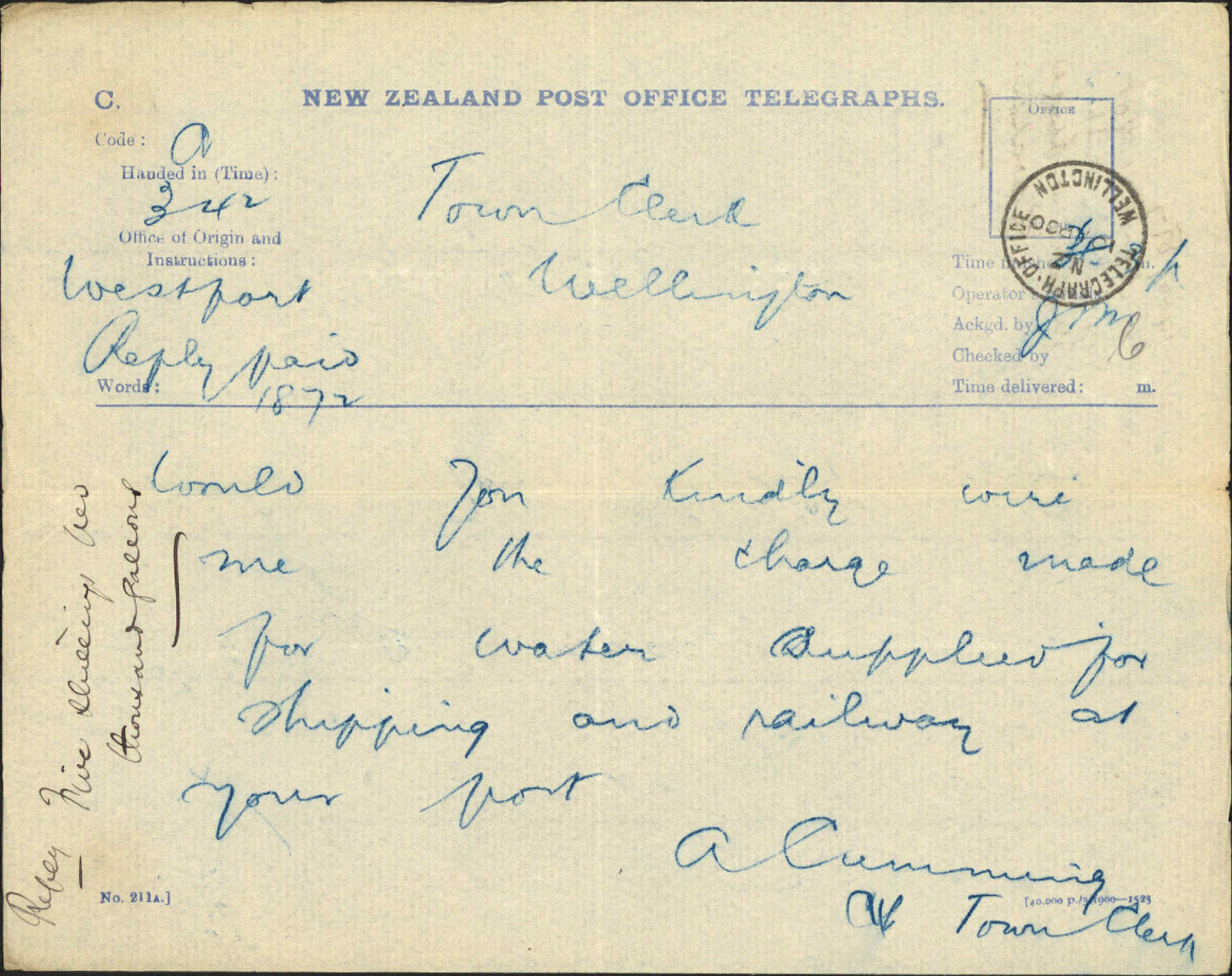 Enquiry regarding price of water - Town Clerk, Westport