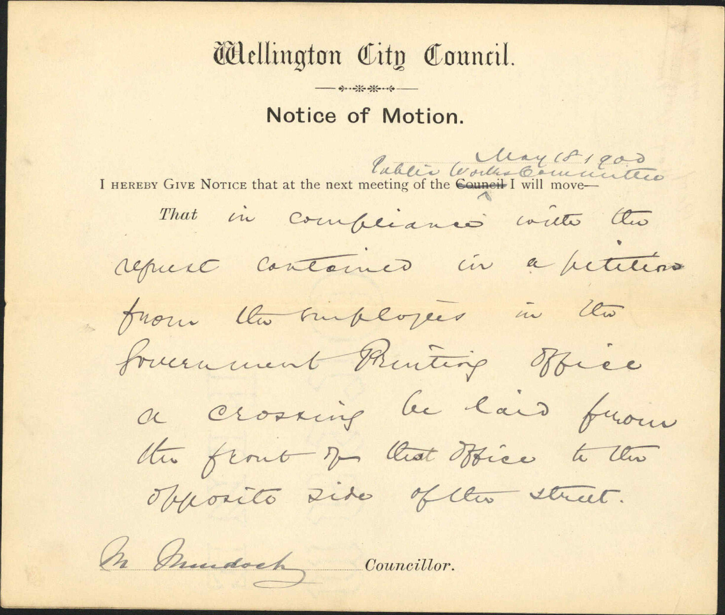 Notice of motion regarding crossing at General Post Office - Councillor Murdock