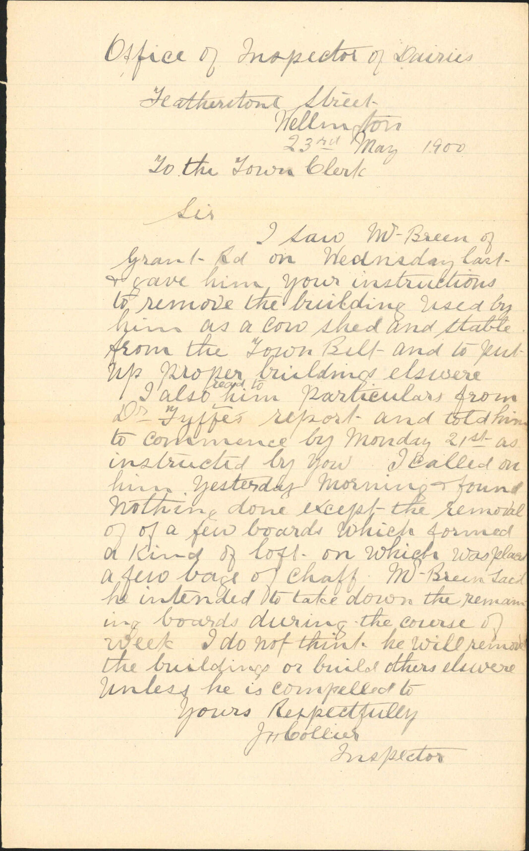 Report regarding Breen's dairy - Inspector of Dairies