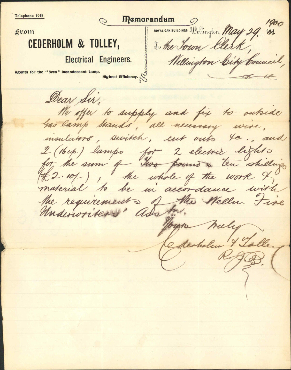 Price for lamps in front of Council office - Cederholm &amp; Tolley