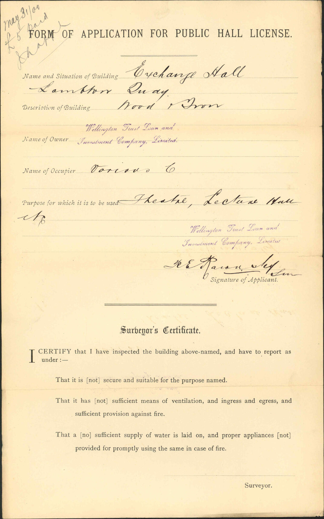 License for Exchange Hall - Trust and Loan Company