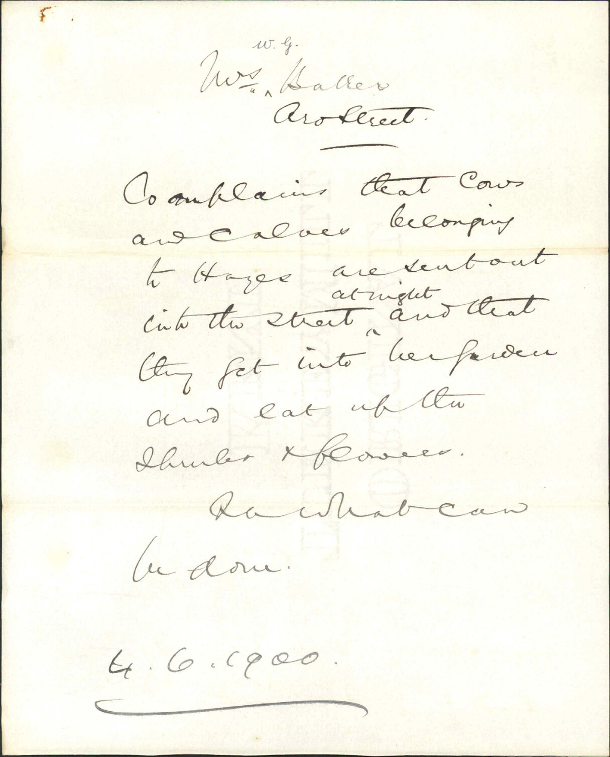 Complaint regarding calves etc - Mrs W G Baker