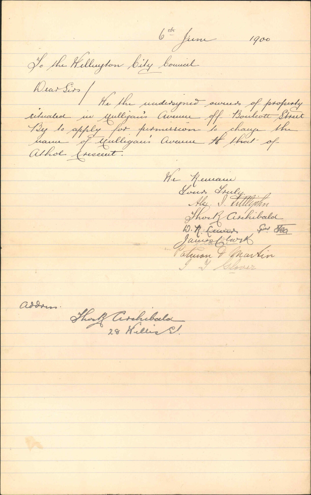 Asking leave to change name of Mulligan's Avenue - A J Littlejohn and others