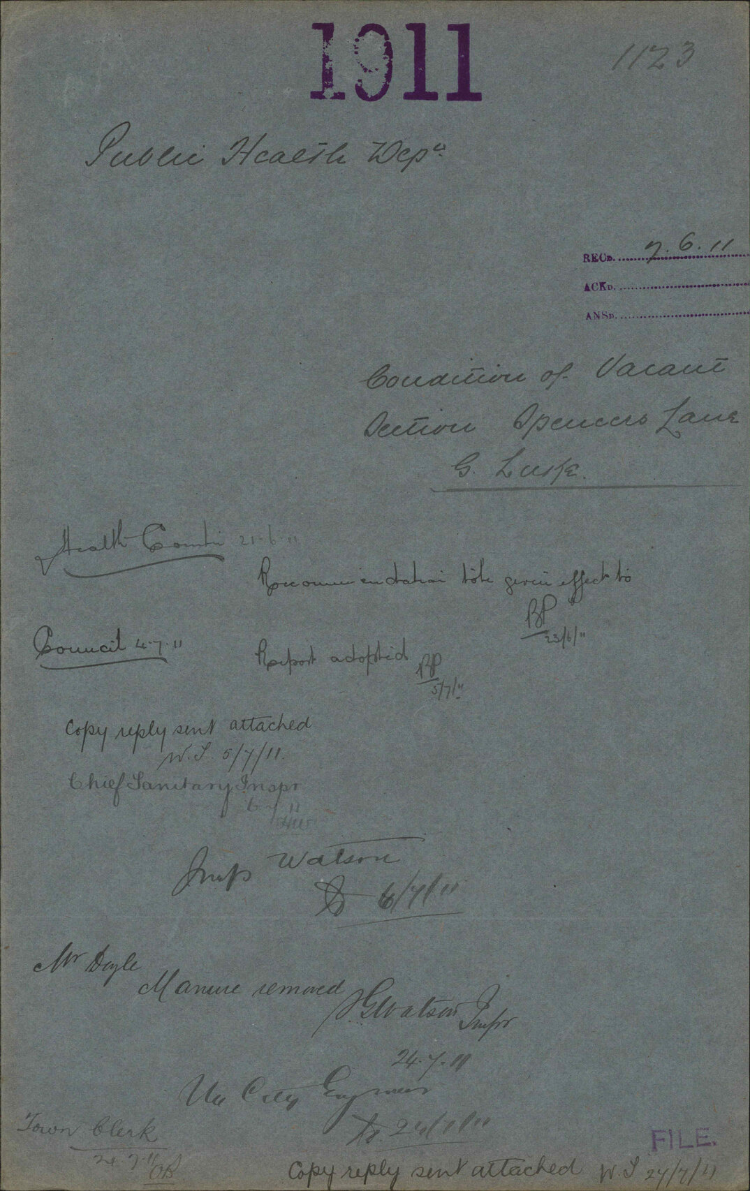 Premises, condition of vacant section, Spencers Lane, G Luke - Public Health Department