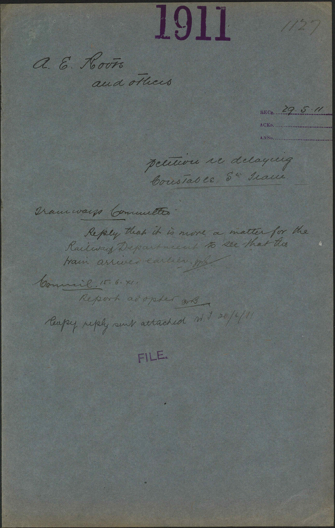 Petition re delaying Constable Street tram - A E Roots and others