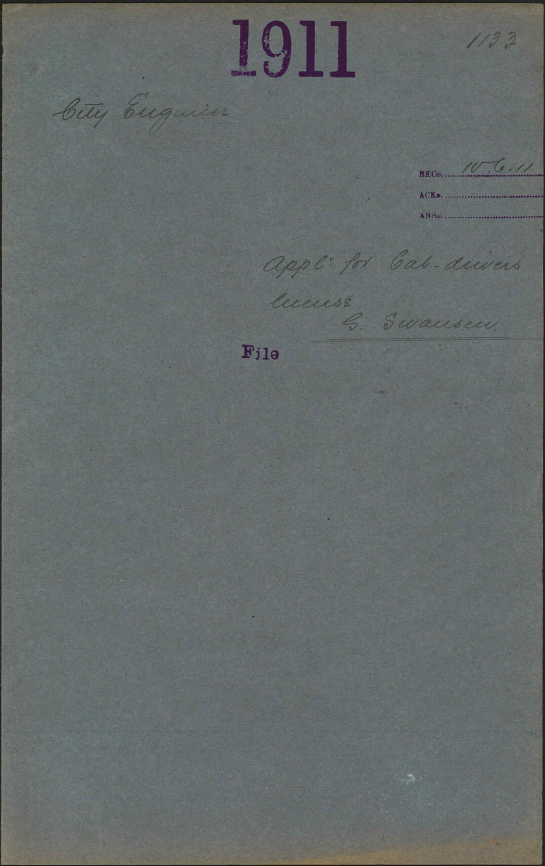 Application for Cab Drivers license, G Swansen - City Engineer