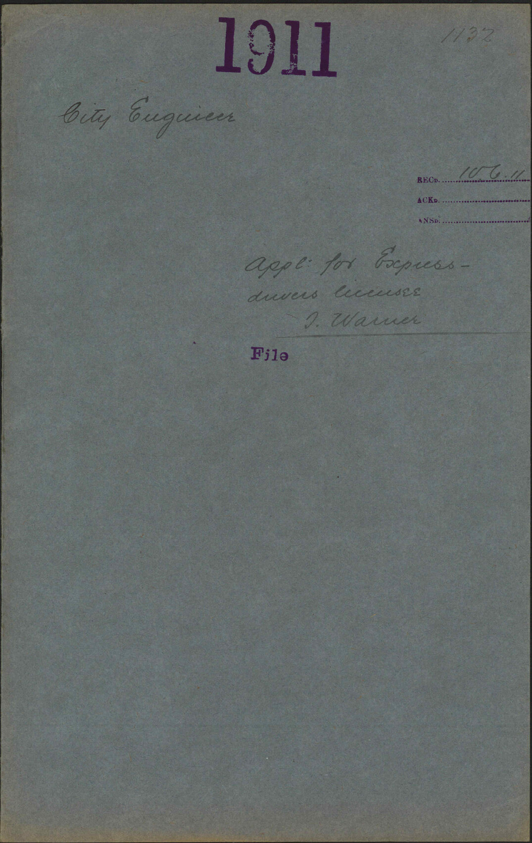 Application for Express Drivers license, T Warner - City Engineer