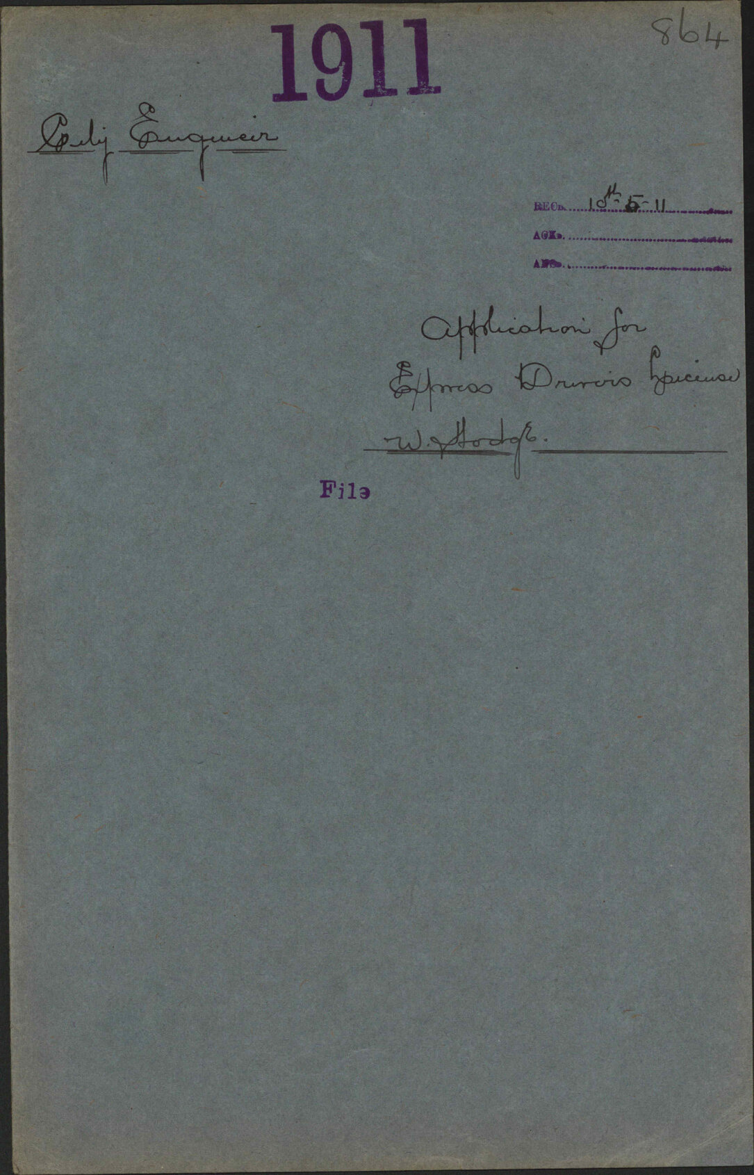 Application for Express Drivers license, W Hodge - City Engineer