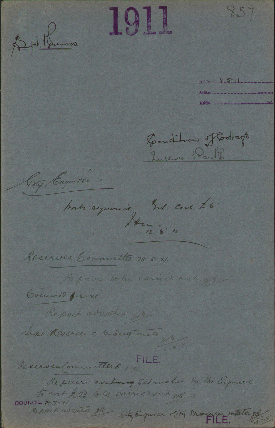 Condition of cottage, Queens Park - Superintendent of Reserves
