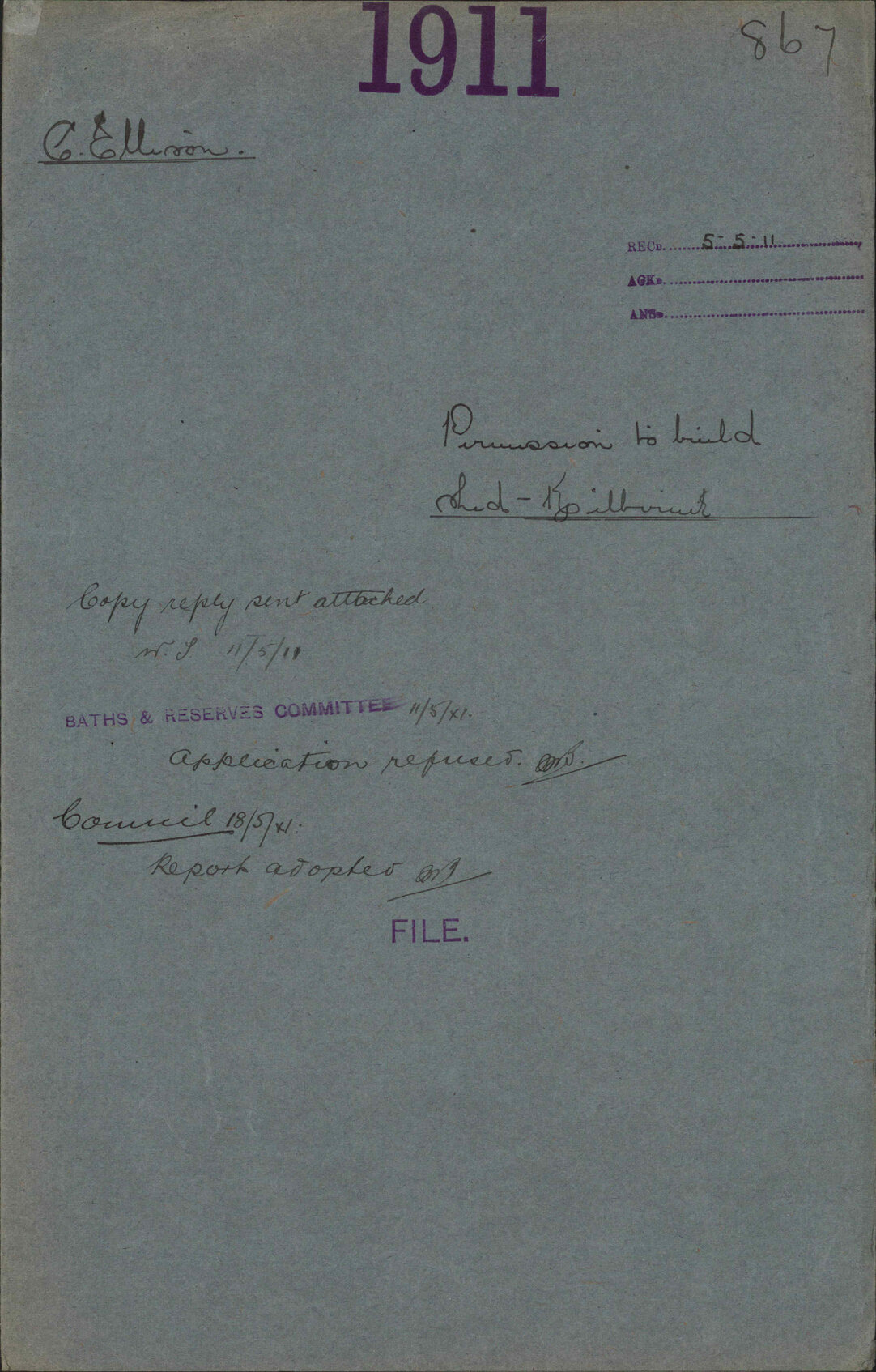 Permission to build shed, Kilbirnie - Cyril Ellision