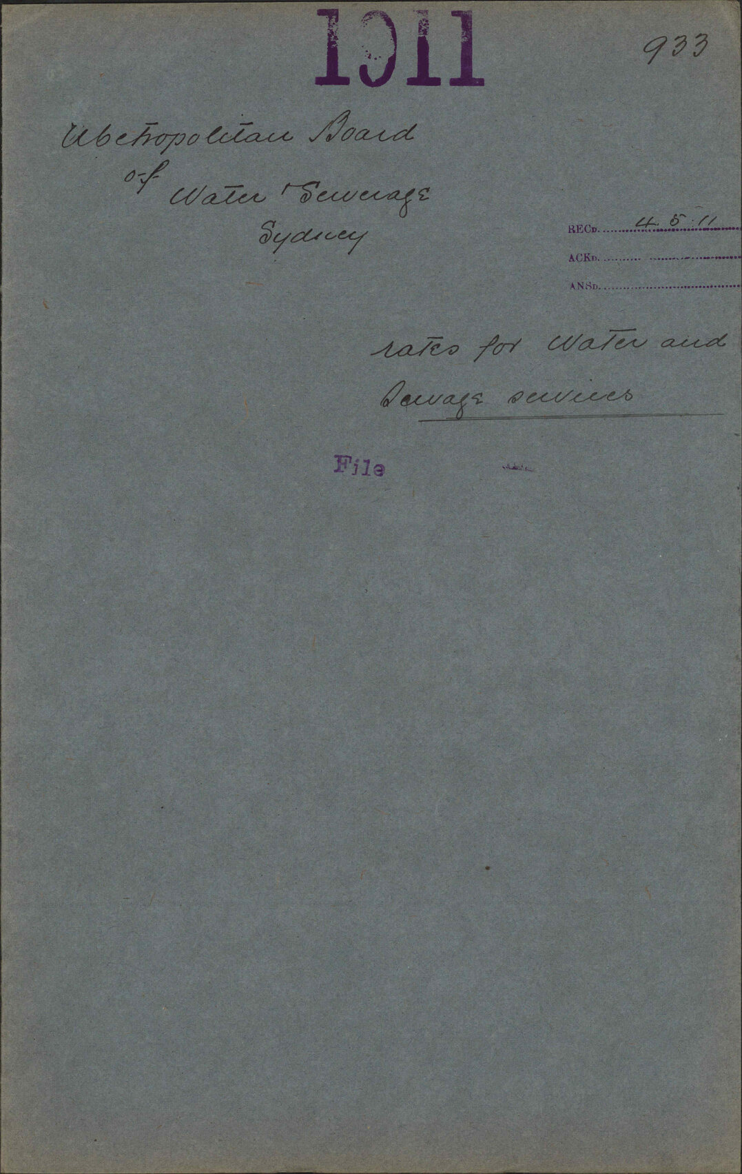 Rates for water and sewage services - Metropolitan Board of Water and Sewerage Sydney