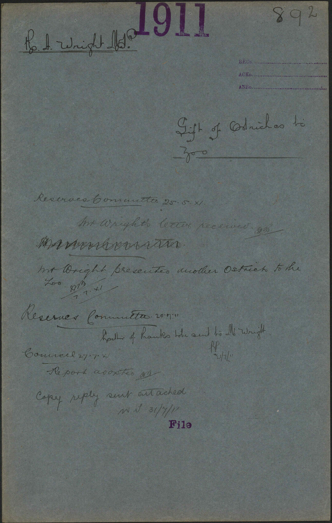 Gift of ostriches to Zoo - R A Wright