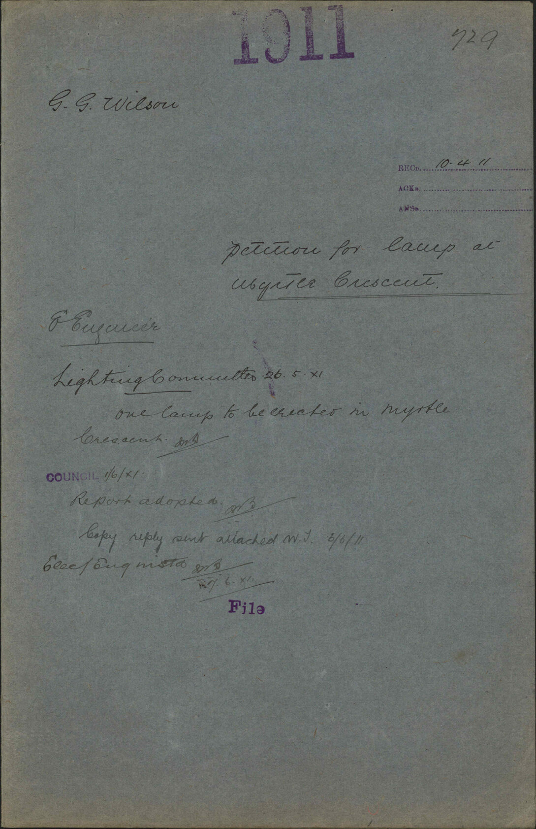 Petition for lamp at Myrtle Crescent - G G Wilson