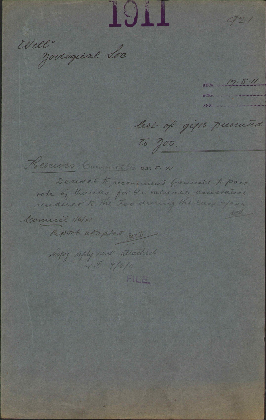 List of gifts presented to Zoo - Wellington Geological Society