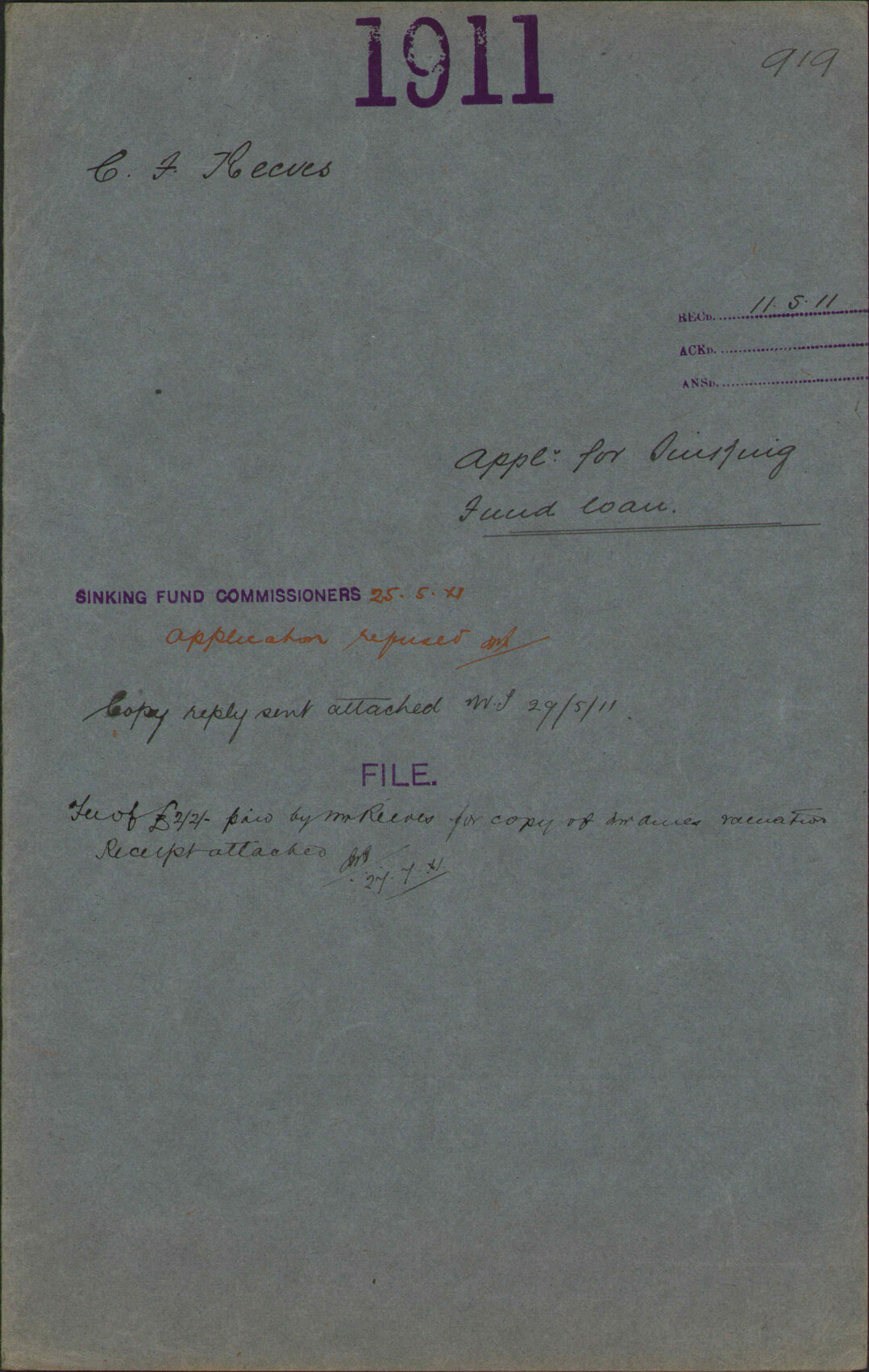 Application for Sinking Fund loan - C F Reeves
