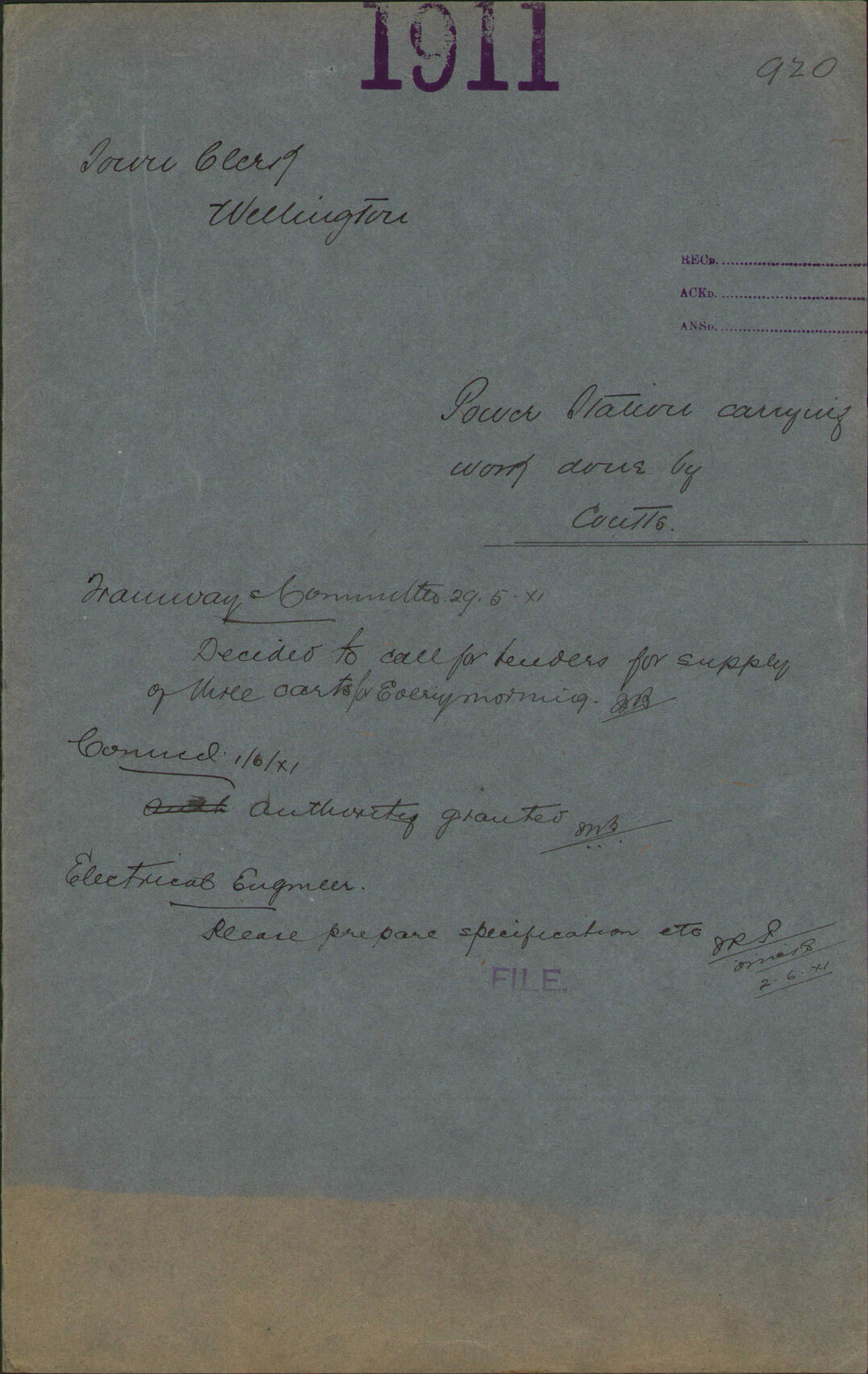 Power Station carrying work done by Coutts - Town Clerk, Wellington