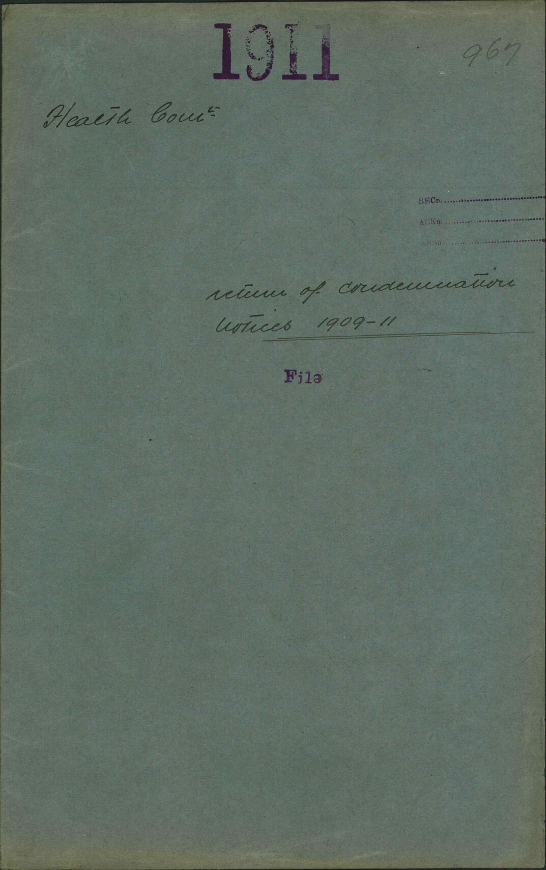 Return of Condemnation Notices 1909-1911 - Health Committee
