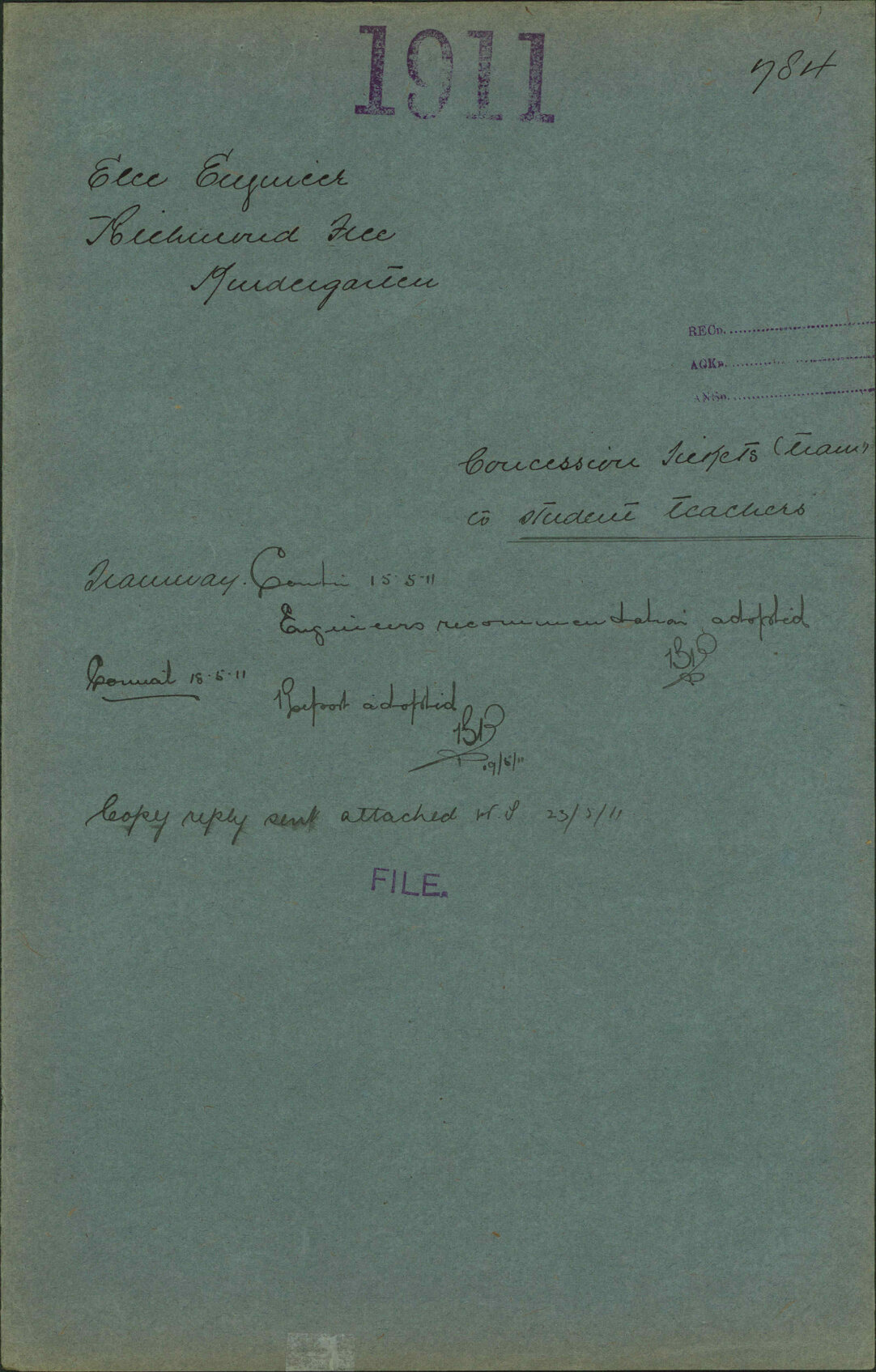 Concession tickets (tram) to student teachers - Electrical Engineer; Richmond Free Kindergarten