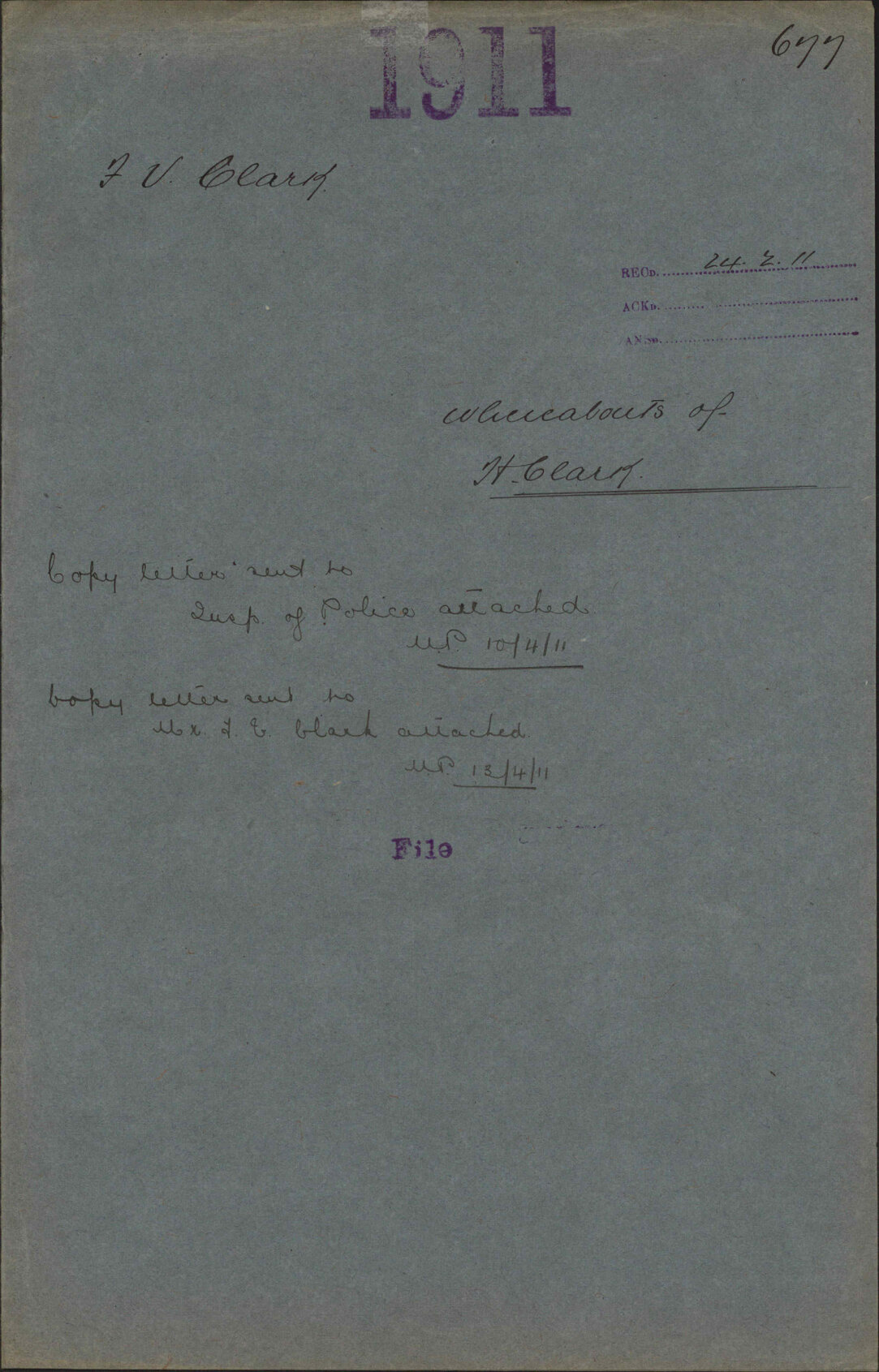 Whereabouts of H Clark - F V Clark
