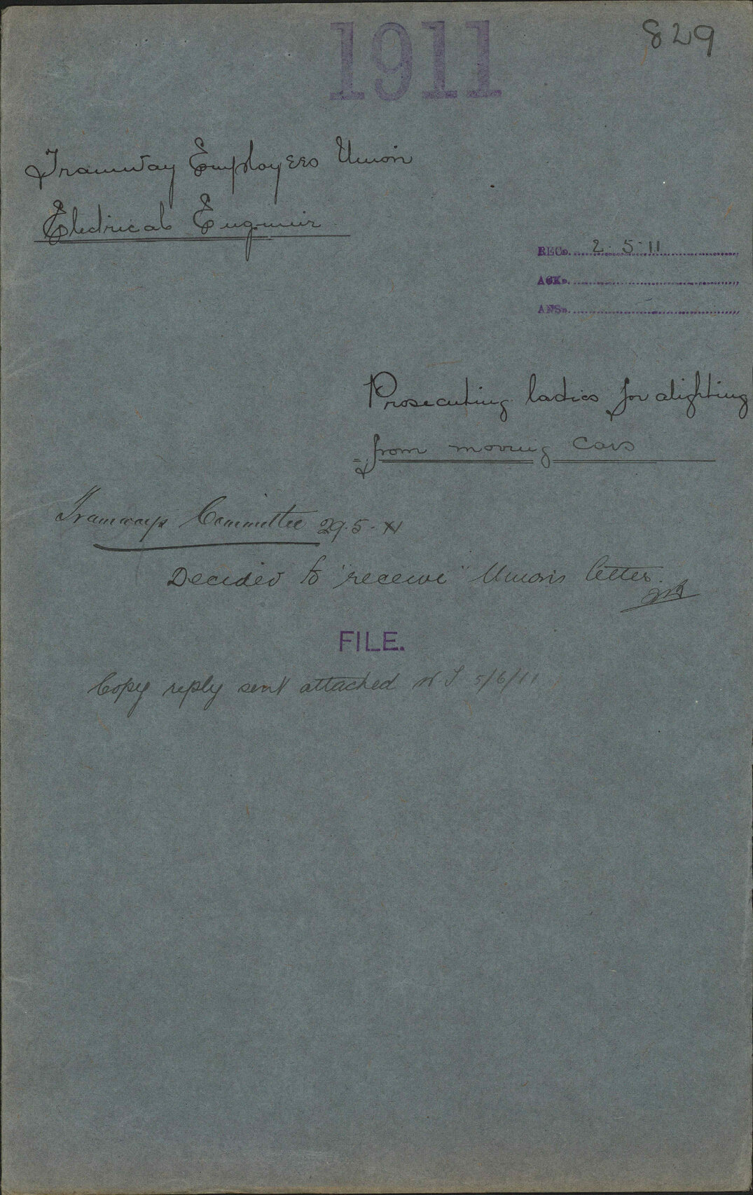 Prosecuting ladies for alighting form moving cars - Tramway Employees Union; Electrical Engineer