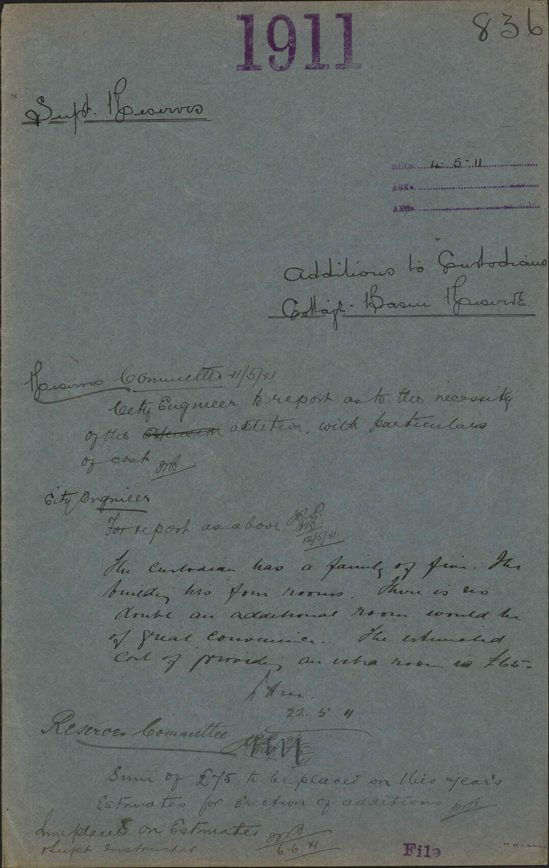 Additions to Custodian's cottage, Basin Reserve - Superintendent of Reserves