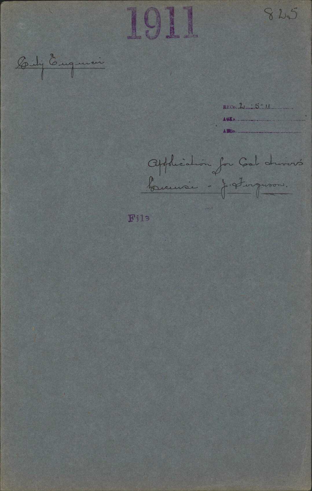 Application for Cab Drivers license, John Ferguson - City Engineer