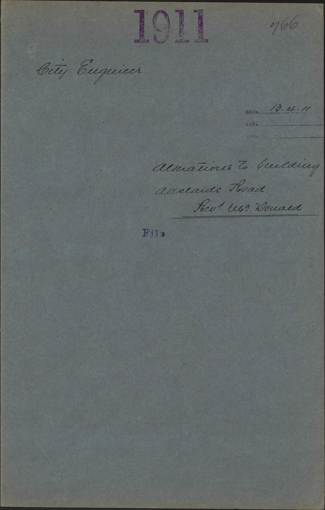 Alterations to building, Adelaide Road, Rev. McDonald - City Engineer