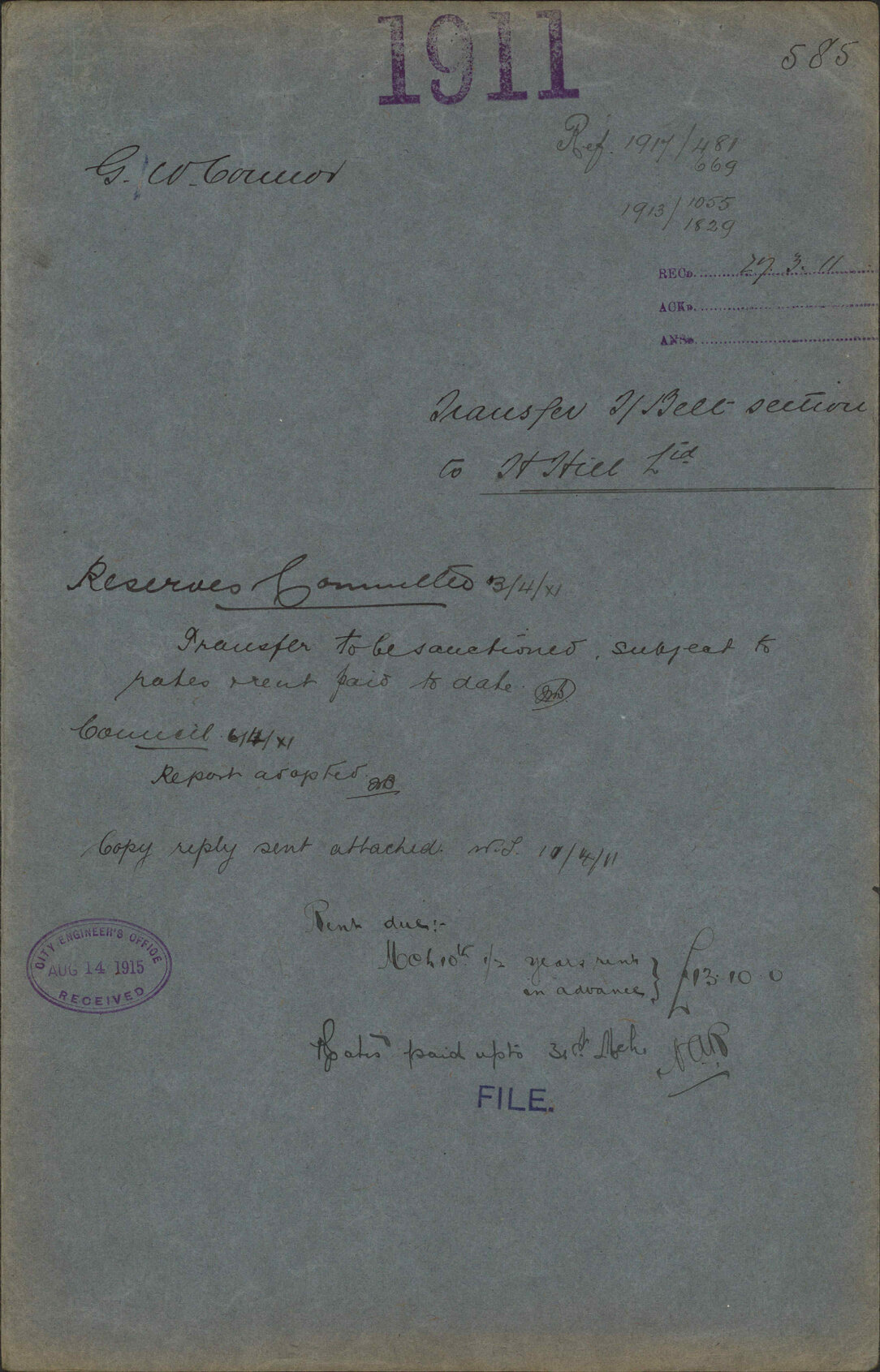 Transfer of Town Belt section to Herbert Hill Ltd - G W Connor