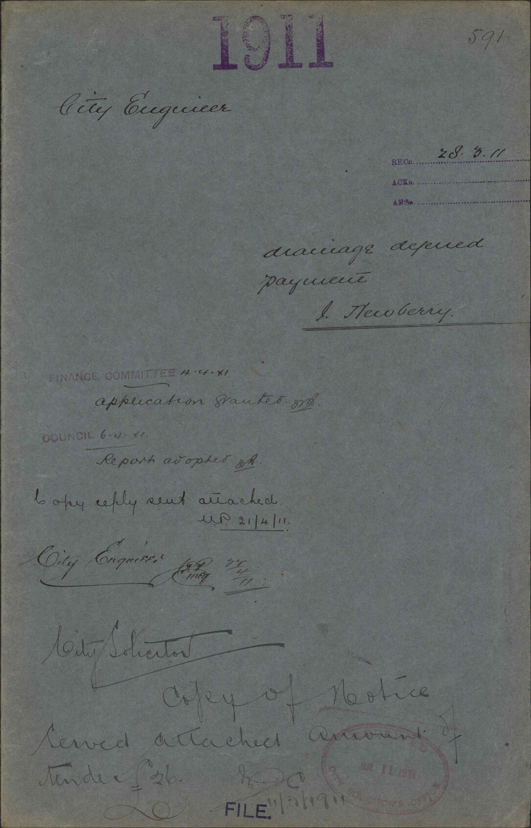Drainage deferred payment, John Newberry - City Engineer