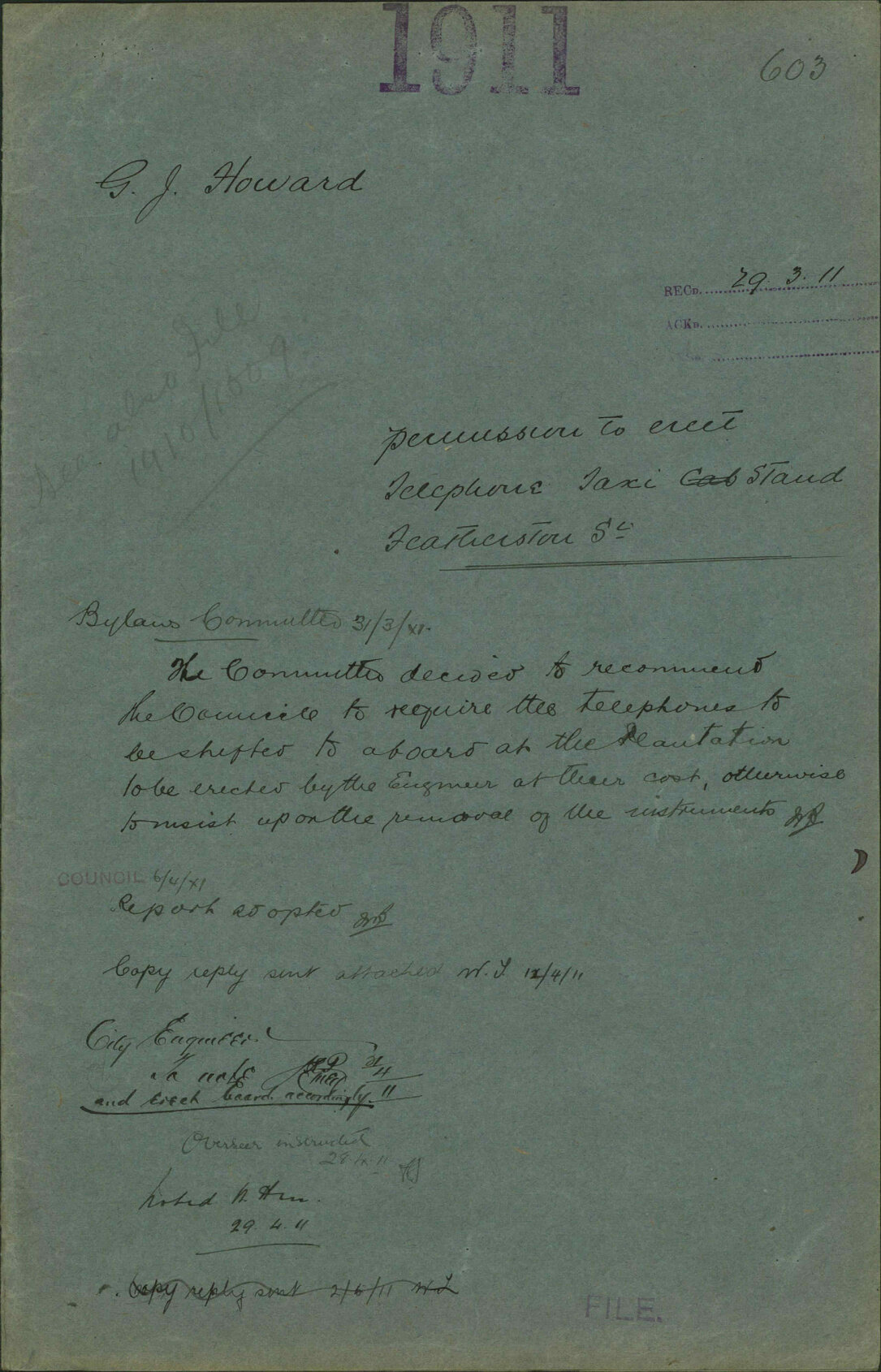 Permission to erect telephone, taxi stand, Featherston Street - George J Howard