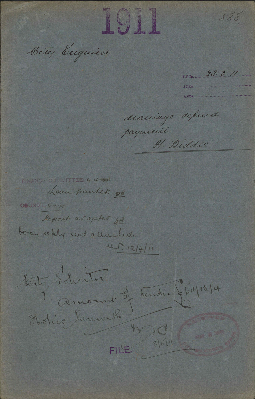 Drainage deferred payment, H Biddle - City Engineer