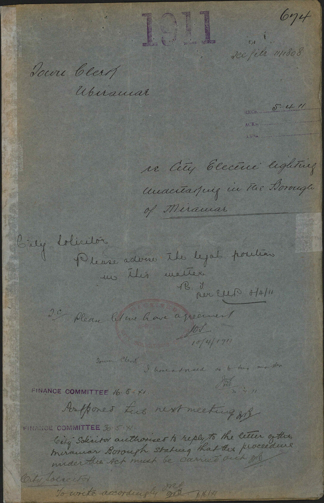 Re City electric lighting undertaking in the Borough of Miramar - Town Clerk, Miramar