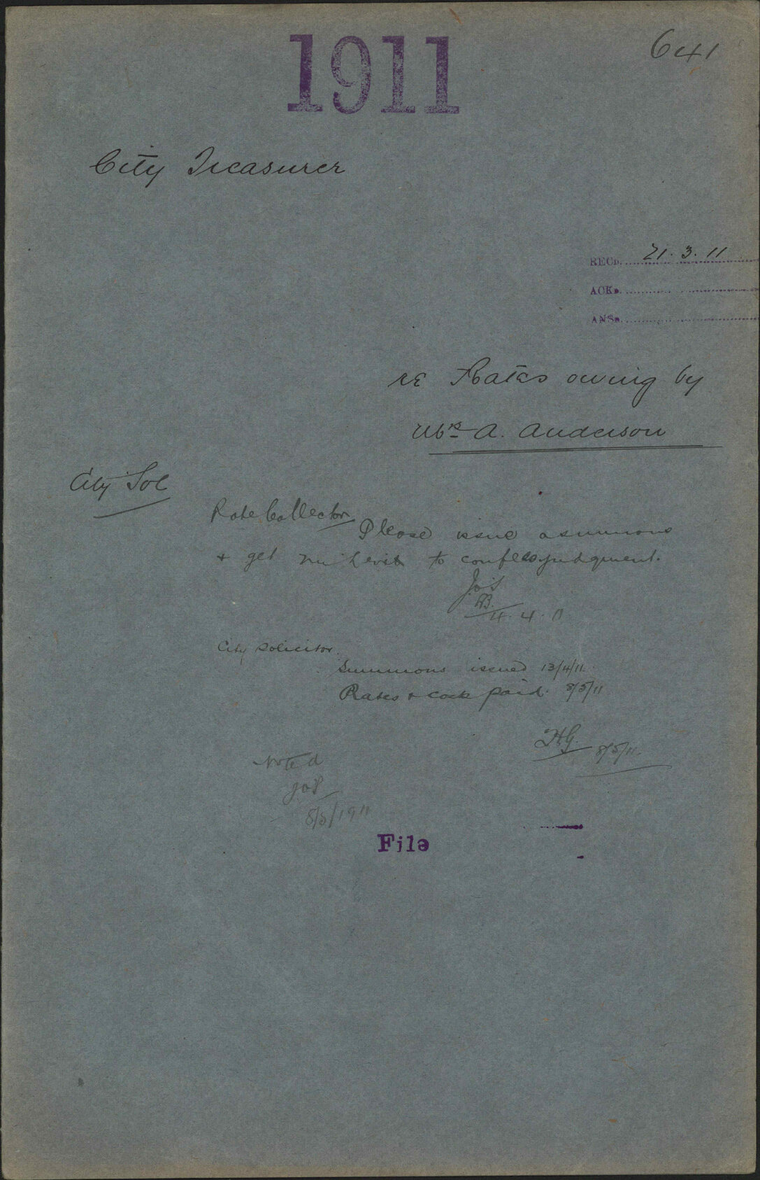 Re rates owing by Mrs A Anderson - City Treasurer